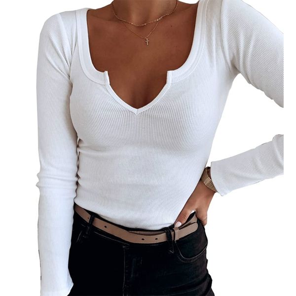 Roselux Women V Neck Ribbed Long Sleeve Shirt Fitted Basic Henley Knit Top White S