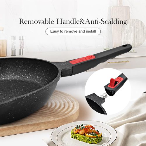 Bobikuke Nonstick Deep Frying Pan with Removable Handle, 10 Inch Frying Pan Skillet, Non Stick Saute Pan Compatible with All Stovetops, Oven Safe (Black)