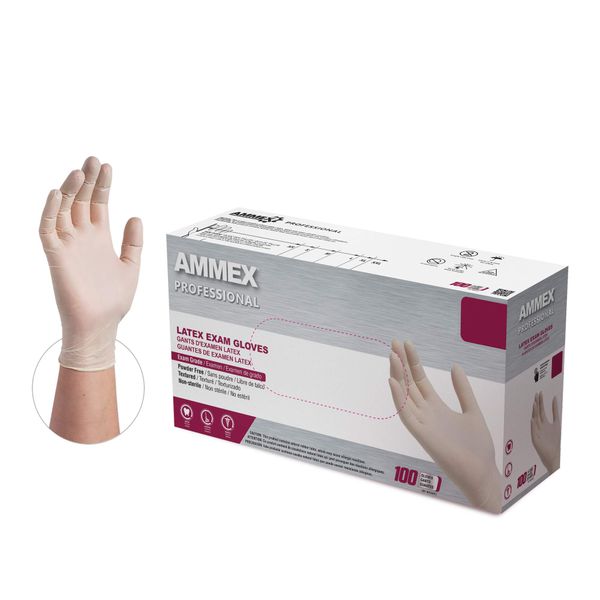 AMMEX White Latex Disposable Exam Gloves, 4 Mil, Powder-Free, Food-Safe, Lightly-Textured, Non-Sterile, Small, Box of 100