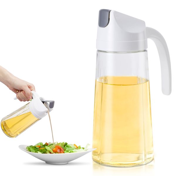 Aceshop Oil Dispenser Auto Flip Olive Oil Glass Bottle 630ml Leakproof Condiment Container Non-Drip Spout Olive Oil Bottle with Automatic Cap for Kitchen Cooking (White)