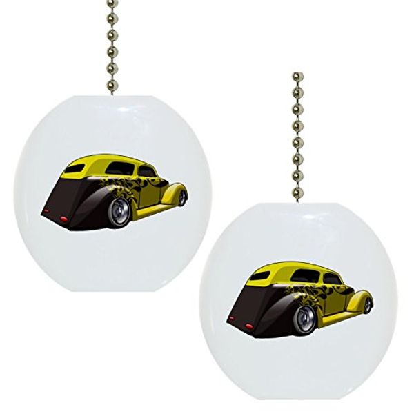 Set of 2 Black and Yellow Coupe Hot Rod Car Solid Ceramic Fan Pulls