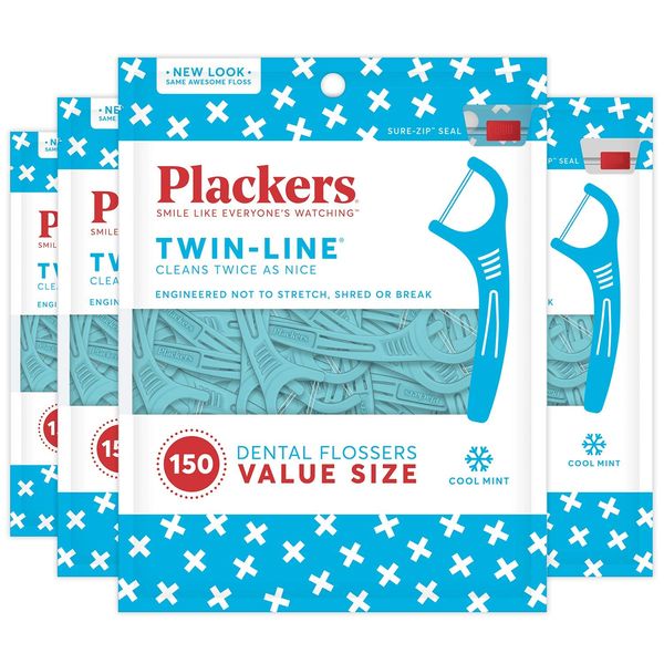 Plackers Twin-Line Dental Floss Picks, Designed with Two High Performance Parallel Lines of Super TufFloss, No Shredding or Breaking, 600 Count (Pack of 4)