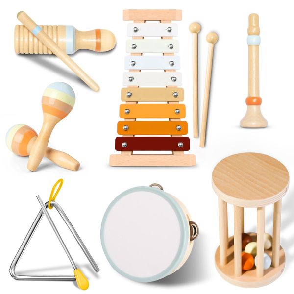 Baby Musical Instruments - Neutral Colors Musical Toys for Toddlers 1-3, Montessori Wooden Percussion Instruments Set with Modern Boho Xylophone Tambourine, Kids Preschool Educational Birthday Gifts