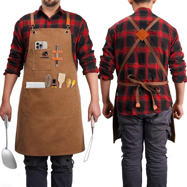 Ashrun Shop Apron for Men with Larger Pockets, Thickened Work Apron for Mens Women Cotton Canvas Chef Apron with Cross Back Barista Gardening Bartender Barber Size M-XXL