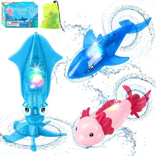 Oisacirg Pool Diving Toys, 3 Pack Light-up Animals Swimming Pool Toys for Kids Underwater Game Pool Bath Dive Shark, Octopus, Salamander Water Toys for Adults Kids 4 5 6 7 8 9+