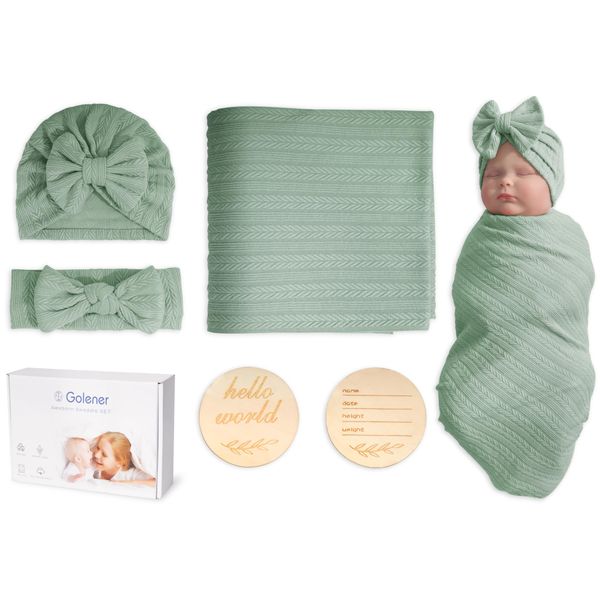 Golener Muslin Swaddle Blankets,Sleepea Swaddle with Bow Headbands, Hats Set and Newborn Name Announcement Card, Stretchy Baby Blankets for Girls and Boys Unisex, Perfect for Newborn Photos (Olive)