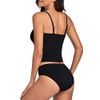 Upopby Tummy Control Two Pieces Swimsuits for Women Tankini Set with Shorts Ribbed V Neck Padded Sports Crop Top Swimwear Bathing Suits Black L