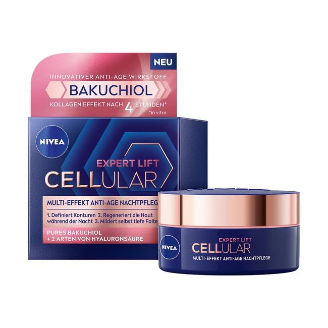 NIVEA Cellular Expert Lift Multi-Effekt Anti-Age Nachtpflege, feuchtigkeitsspendende Nachtcreme für eine jünger aussehende Haut, Anti-Age Gesichtscreme mit Hyaluronsäure