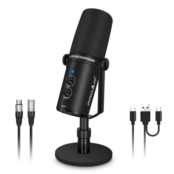 PROAR XLR/USB Dynamic Microphone,PC Computer Microphone for Podcasting,Vocal Recording,Live Streaming,Gaming,Voice-Over,All Metal Professional Studio Mic Kit with Noise Cancelling,USB-C Port