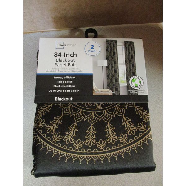 MAINSTAYS BLACKOUT BLACK MEDALLION CURTAIN PANEL PAIR 30 X 84 INCH S12