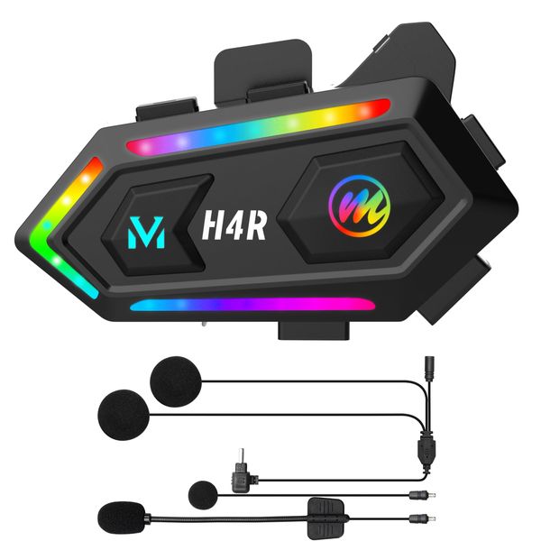 Moman Motorcycle Helmet Headset, H4R with 【RGB Light】 Motorbike Helmet Speaker Single Use Wireless 5.3 Headphone with AI Voice Waterproof Noise Cancellation, Motorcycle-Helmet-Headset-Speaker-Earphone