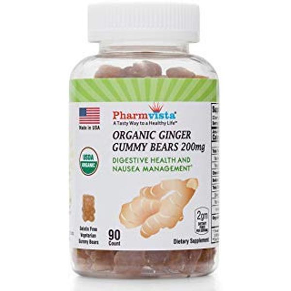 Pharmvista USDA Organic Ginger Gummies 200mg 90 Count for Nausea Management and Digestive Health