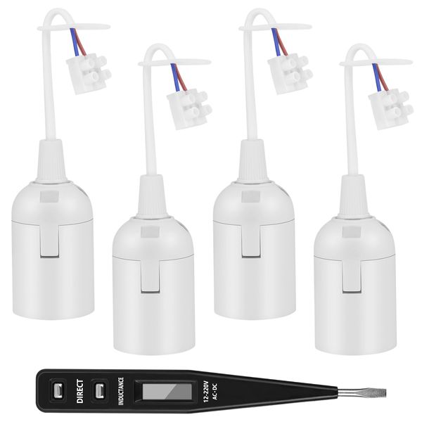 AUAUY 4 Pack E27 Renovation Socket, Lamp Holder with Cable, Construction Site Socket E27 + VDE Voltage Tester, E27 Lamp Socket with Plug-in Clamp, E27 Replacement Construction Lamp Socket, White