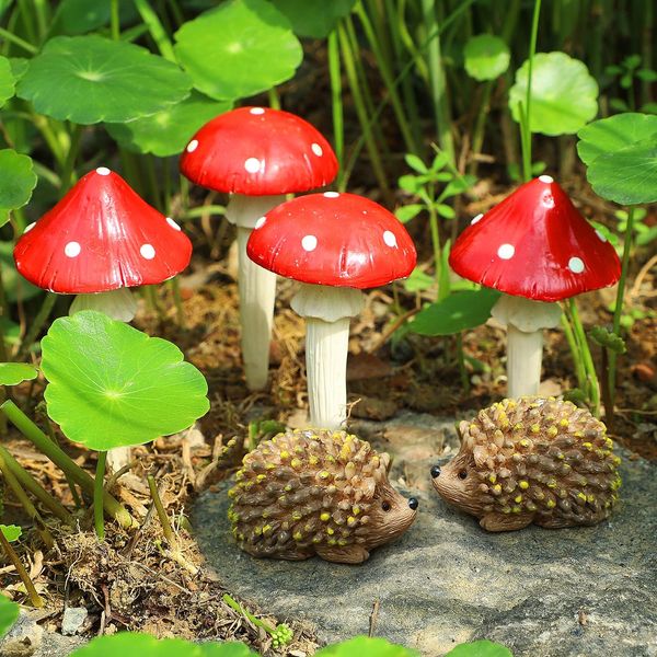 Juegoal Set of 6 Fairy Garden Miniature Resin Animal Figurines, 2 Hedgehogs & 4 Mushrooms Glow in Dark Mini Statues, Outdoor Yard Art Accessories, Lawn Sculpture Bonsai Craft Plant Pots Ornament