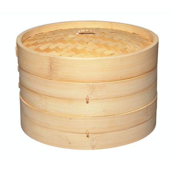 KitchenCraft World of Flavours 25cm Bamboo Steamer Basket, 2 Tier, Ideal for Best for Dim Sum, Vegetables, Bao Buns, Meat and Fish, Beige