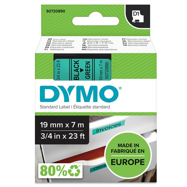 DYMO Authentic D1 Labels | Black Print on Green Tape | 19 mm x 7 m | Self-Adhesive Labels for LabelManager Label Makers | Made in Europe