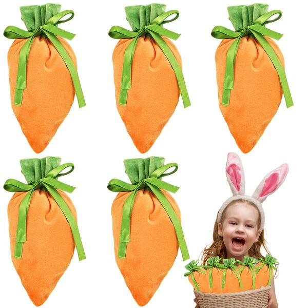 BOFYTR Easter Velvet Carrot Bags, Easter Decorations 5 Pieces Easter Bags Treat Bags Candy Gift Wrap Bags Birthday Party Favors Supplies Biscuit Snack12x20 Cm