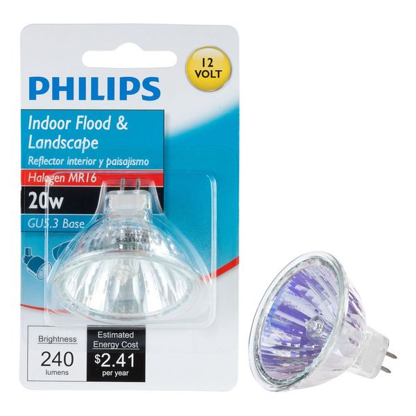 Philips 419317 20-Watt MR16 Landscape and Indoor Flood Light Halogen Light Bulb, Bright White, 1 Count (Pack of 1)