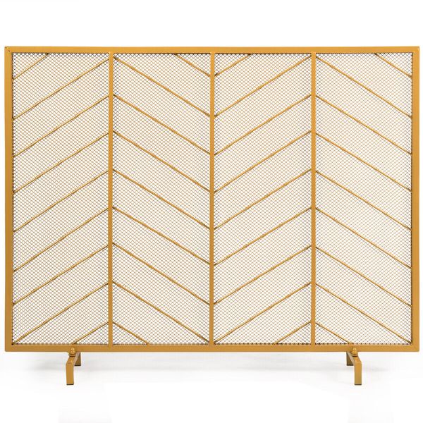 39"x31" Single Panel Fireplace Screen Spark Guard Fence Chevron Gold Finish