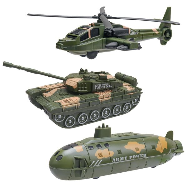 BooTaa Plastic Character Toys, 3 Pack Army Vehicle Toys for Boys, Pull Back and Go Cars, Car Toys for Toddlers 3 4 5 6 7 Year Old Boys Toys, Helicopter, Tank, Submarine