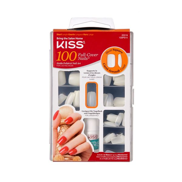 KISS 100 Full-Cover Manicure Kit, Short Length Short Square Fake Nails, Longer Lasting, 10 Sizes with Maximum Speed Nail Glue