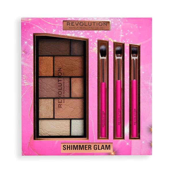 Makeup Revolution Shimmer Glam Eye Set Gift Set, 3 Full Sized Makeup Brushes & Eye Palette Included