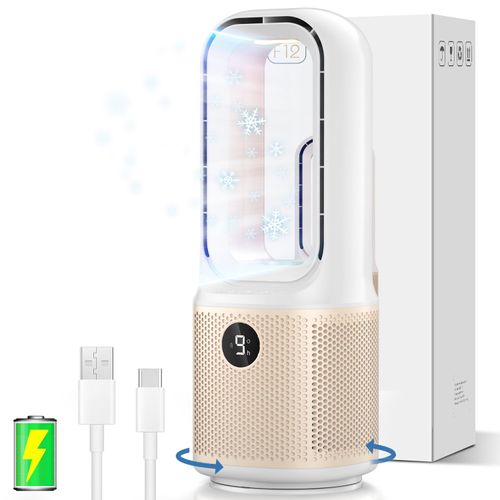Desk Fan - Small Quiet Bladeless Table Fan, 14 Inch USB Rechargeable with 5000mAh Battery, 60° Oscillating, 9 Speed Adjustable, 3 Light Modes, Touch Control Mini Fan for Office Bedroom Living Room