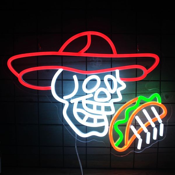 Tacos Skull Neon Sign USB Powered for Room Decor Sombrero Skull Neon Wall Sign Dimmable LED Neon Light Sign for Party Bar Club Man Cave Wall Art Birthday Gift 15.7 * 12.6 Inches