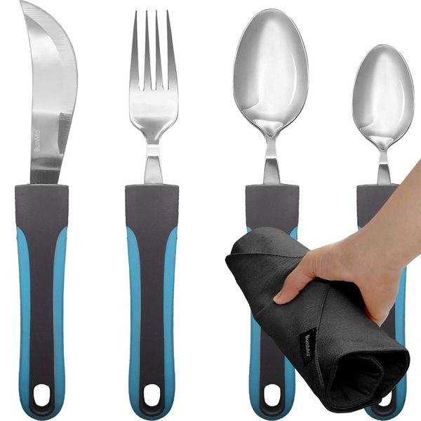 BUNMO Adaptive Utensils - Weighted Knives Forks and Spoons Silverware Set for Elderly People Disability Parkinsons Arthritis Aid Handicapped Hand Muscle Weakness Large Grip Built Up Utensils