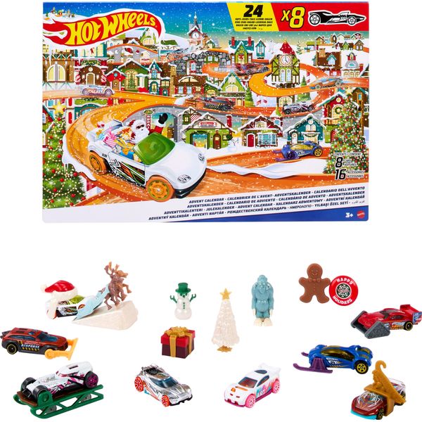 Hot Wheels Toy Car Set, 2023 Advent Calendar with 8 1:64 Scale Vehicles, 16 Accessories & Playmat for Kids & Collectors