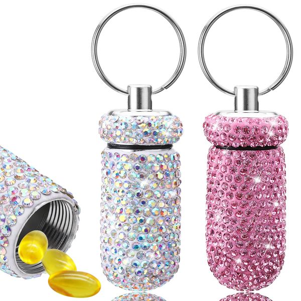 cobee Bling Pill Container, 2 Pieces Waterproof Pill Case Portable Pill Bottle Crystal Mini Pill Holder Pocket Pill Storage Box with Keychain for Travel Outdoor Camping