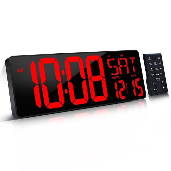 KMMKGG Large Digital Wall Clock（5.6'' Number）, 17.2" LED Wall Clock with Date and Temperature, Count Up/Down Timer with Remote Control, Adjustable Brightness Alarm Clock