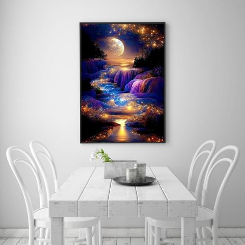 KINPLUB 5D Diamond Painting Kits for Adults, Moon Waterfall Diamond Art Kits for Beginners, DIY Full Round Drill Moonlight Landscape Paint with Diamond Dots, Home Wall Decor 12 x 16 Inch