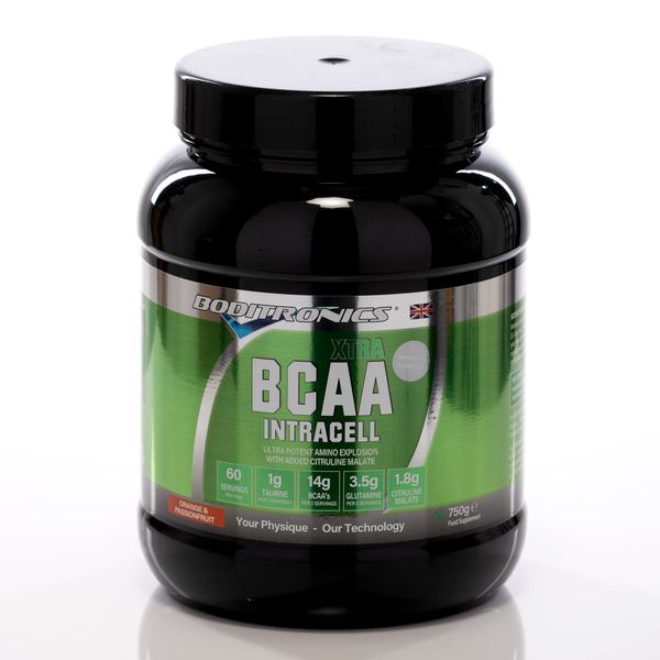 Boditronics BCAA Intracell Xtra Intra Workout Protein Powder, Branched Chain Amino Acid Supplement with Vitamin B6 & B3Amino Energy Drink Powder (Orange Passionfruit 750g)