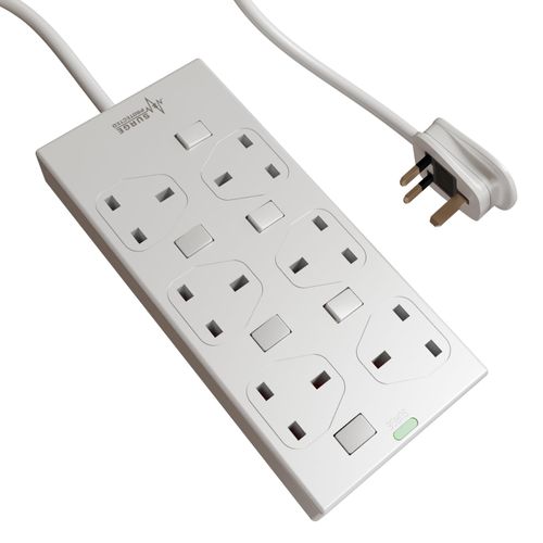 rhinocables 6 Gang Individually Switched Mains Extension Lead Cable, Surge Protected Power Strip Extender with 6 Sockets and Cord, 13 Amp Trailing Socket for Dual 3 Pin UK Plug (White, 5m)