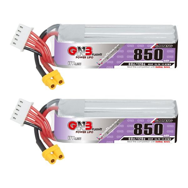 GAONENG 2pcs GNB 4S 850mAh 15.2V HV 60C 120C LiPo Battery Long Range XT30 Long Type for Mini Micro FPV Freestyle Drone Accessories Parts DIY FPV