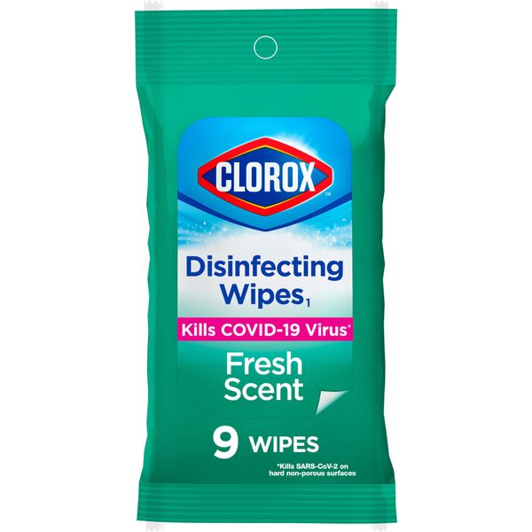 Clorox Disinfecting On The Go Travel Wipes, Household Essentials, Fresh Scent, 9 Count, Pack of 1 (Package May Vary)