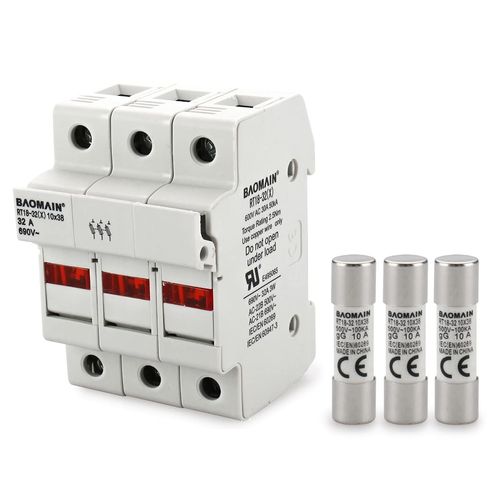 Baomain RT18-32 Fuse Holder Base with 10x10A Ceramic Fuses (10x38mm) – 3 Pole DIN Rail Mount, LED Indicator, CE Certified (10 Amp)