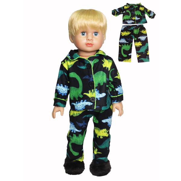 American Fashion World Boy's Dinosaur Button Up Pajamas for 18-Inch Dolls | Premium Quality & Trendy Design | Dolls Clothes | Outfit Fashions for Dolls for Popular Brands