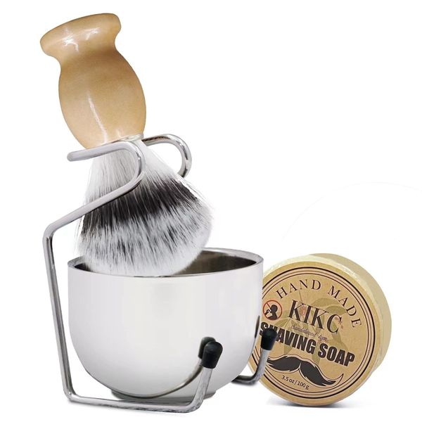 Kikc 4 in 1 Shaving Brush Set, Shaving Bowl, shaving soap and Shaving Stand & Shaving Brush Holder Made of Stainless Steel Shaving Set,Great Gift Set for Men and Women