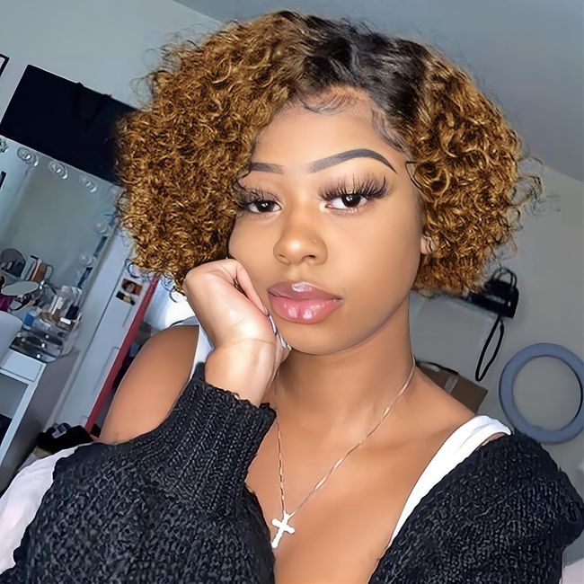 Quantum Love Human Hair Wigs Curly Wave Side Part Wig Short Bob Pixie Cut Brazilian Remy Human Hair Deep Curly None Lace Front Wigs for Women Ombre Black Brown Color