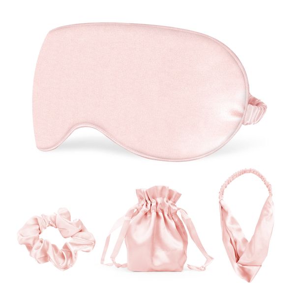 Sleep Masks Silk Sleep Eye Mask Travel Set Soft Sleeping Eye Mask with Hair Scrunchie Head Band and Travel Pouch for Girls Ladies 4 Pcs Pink