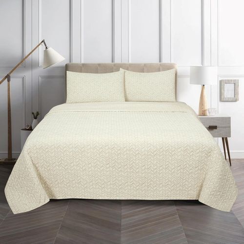 ROYALE LINENS Twin size 2 pc Quilt Set - Soft Lightweight 100% Microfiber Quilted Set - Printed Bedspread - Quilted Blanket Thin Comforter - Bedding Coverlets for All Seasons (Natural, 1 Quilt-1 Sham)