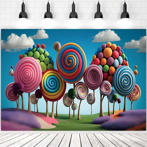 3D Candyland Birthday Background Cartoon Candy Lollipop Colorful Mountain Fantasy Wonderland Sweet Cute for Kids Girls 1st One Birthday Background Cake Smash Decor Backdrop (7x5feet)