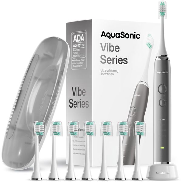 Aquasonic Vibe Series Ultra-Whitening Toothbrush – ADA Accepted Power Toothbrush - 8 Brush Heads & Travel Case – 40,000 VPM Motor & Wireless Charging - 4 Modes w Smart Timer – Charcoal Metallic