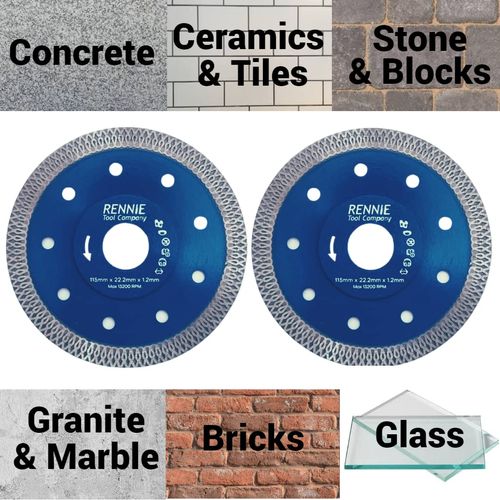 2 x Rennie Tools 115mm Diamond Cutting Discs for Angle Grinder For Porcelain, Tiles, Granite, Marble, Concrete, Stones, Bricks & Ceramics 4.5" Wheel Super Thin Fast Clean Cut. Super Thin 1.2mm