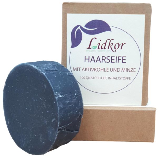 LIDKOR Bio Schwarze Haarseife mit Aktivkohle & Pfefferminzöl 80g - Anti Schuppen Shampoo & Seborrhoische Dermatitis - Haarpflege mit Kokosöl & Rizinusöl - Festes Shampoo - Vegane Haarshampoo Wie Seife