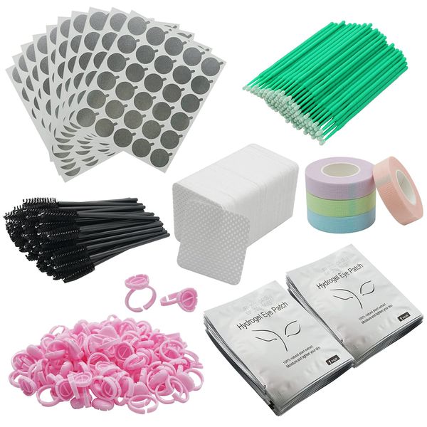 Eyelash Extension Supplies for Beginner, Lash Extension Kit 800pcs, 50 Pairs Eye Pads, 50 Disposable Eyelash Brush, 100 Micro Brush, 100 Glue Ring Holder, 200 Glue Wipes, 300 Glue Sticker Pads, 4 Tape