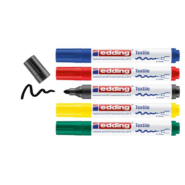 edding 4500 textile marker - black, red, blue, green, yellow - 5 pc. - round nib 2-3 mm - permanent fabric markers for drawing on textiles, wash-resistant up to 60°C - marker pens for fabric lettering