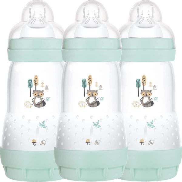 MAM Easy Start Self Sterilising Anti-Colic Baby Bottle Pack of 3 (3 x 260 ml), Anti-Colic Bottle with Medium Flow MAM Teats Size 2, Newborn Essentials, Blue (Designs May Vary)